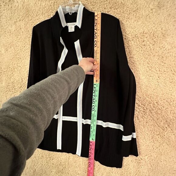 Misook Black Azure Blue Butter Yellow Trim Open Front Long Jacket M Quiet Luxury - Picture 14 of 16
